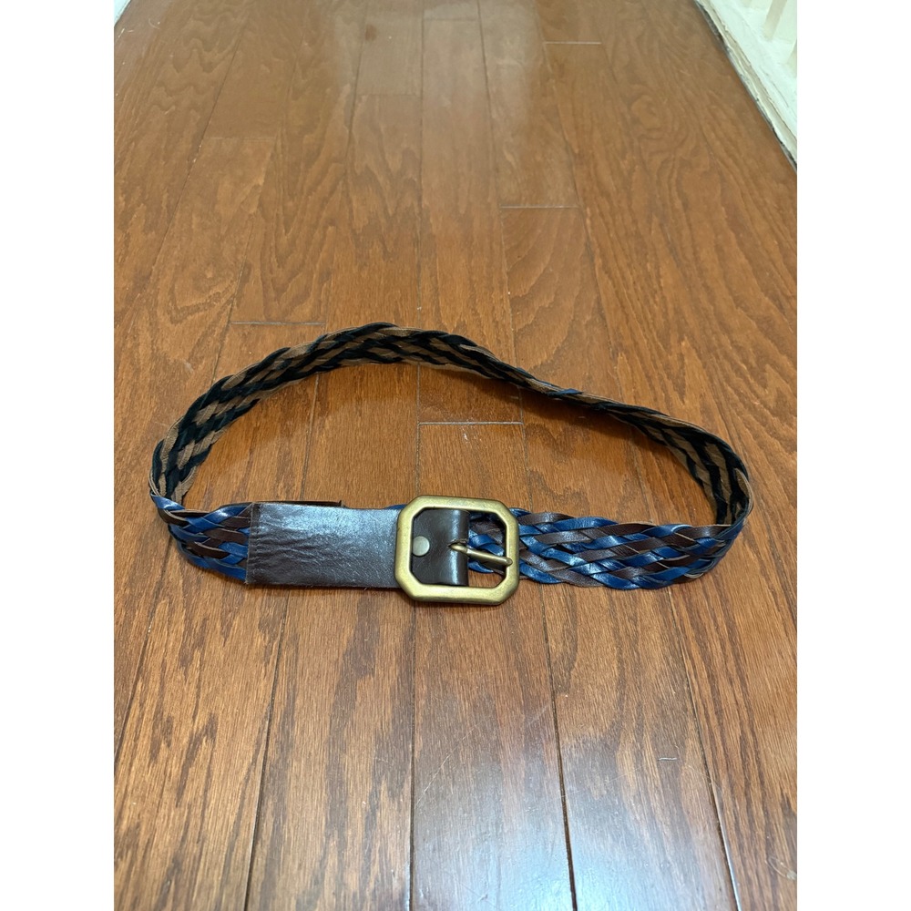 Melamed Womens Braided Leather Belt Blue Brown Woven Brass Buckle Size M 42 Inch